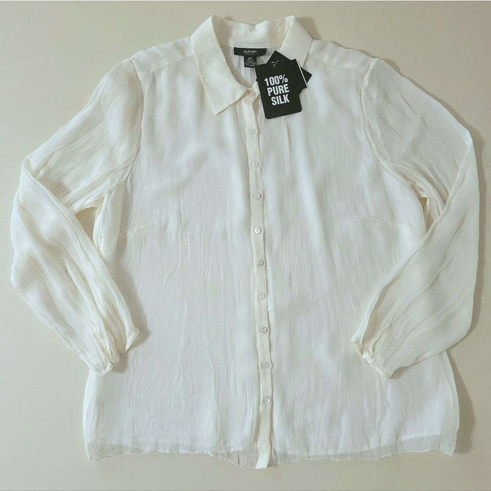 Alfani White Silk Button-Up Blouse